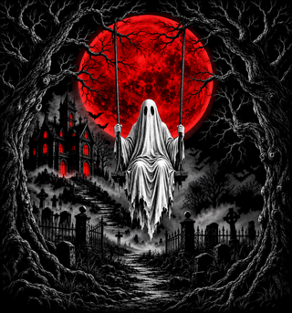 Red Moon Spooky Ghost Halloween - For Black Shirt