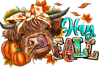 Hey Fall Highland Cow with Autumn Leaves and Pumpkins