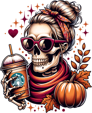 Autumn Skull Girl with Messy Bun Holding Starbucks Coffee and Pumpkin