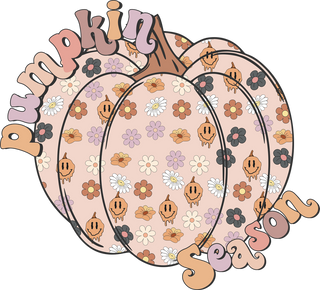 Retro Groovy Pumpkin with Melting Smiley Faces and Flowers