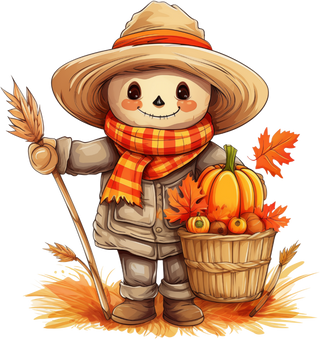 Cute Autumn Scarecrow with Pumpkin Basket and Fall Leaves