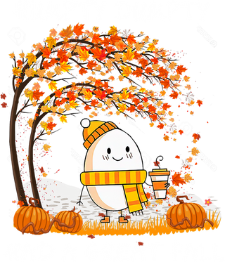 Cute Ghost in Orange Beanie and Scarf with Autumn Tree and Pumpkins
