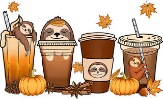 Cute Sloths in Fall Coffee Cups with Pumpkins and Autumn Leaves