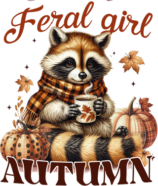 Feral Girl Autumn Raccoon with Coffee and Plaid Scarf