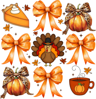 Thanksgiving Elements with Turkey Pumpkin Pie Orange Bows Fall Leaves