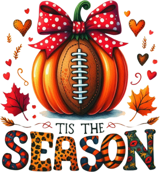 Tis The Season Football Pumpkin with Red Polka Dot Bow and Fall Leaves