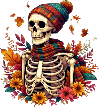Autumn Skeleton in Plaid Beanie with Fall Flowers and Leaves